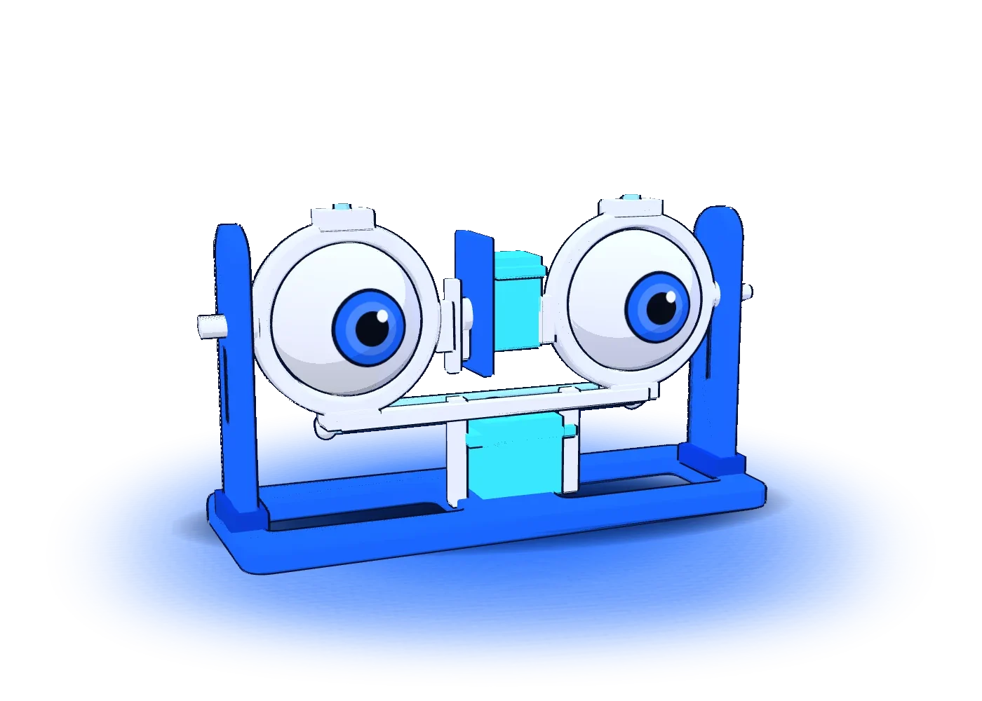 Ilustración 3D del Kit 01: dos ojos en anillos sobre una base azul, movidos por dos servomotores