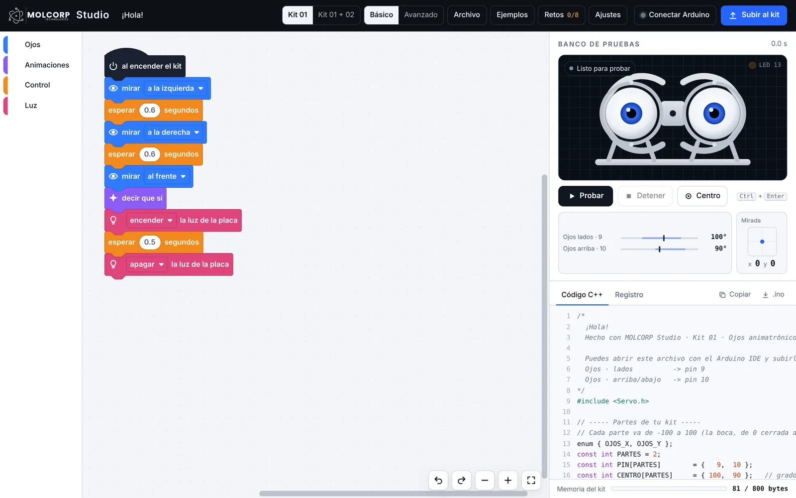 Pantalla de MOLCORP Studio: bloques a la izquierda, simulador de los ojos y código C++ a la derecha